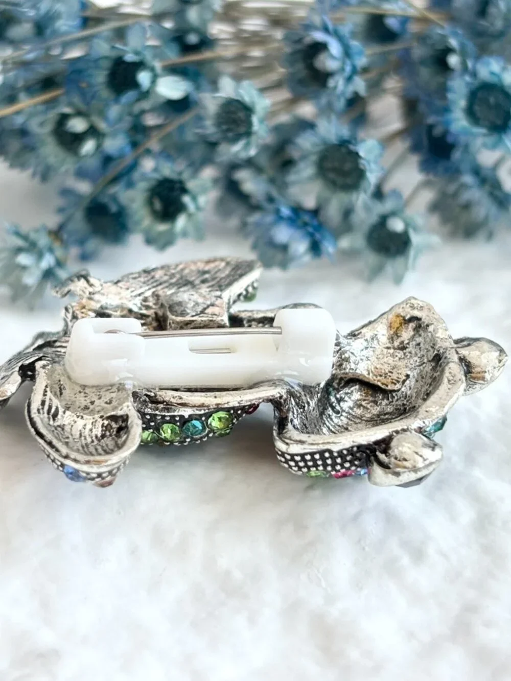 Frog Figural Rainbow Rhinestone Silver Toned Vintage Inspired Brooch Pin